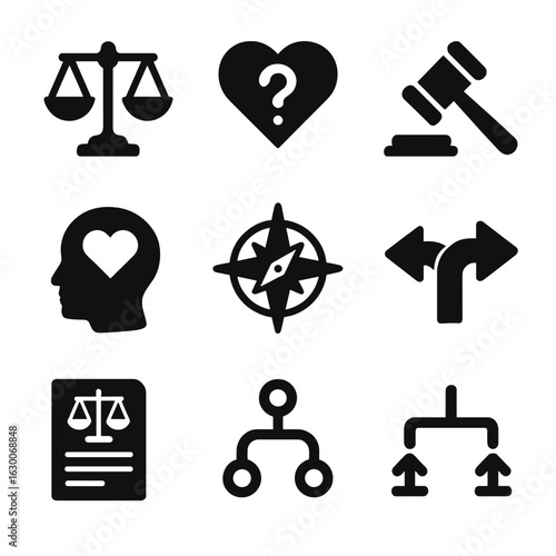 Moral Reasoning Icons. Solid, filled icons set of moral reasoning: weighing scale, question mark over heart,