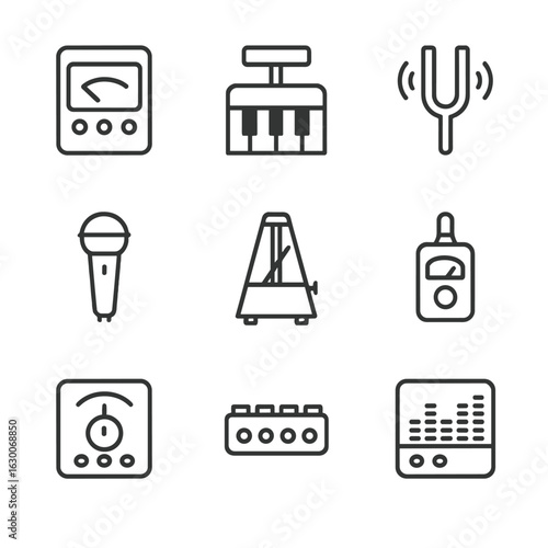 Instrument Tuning Icon Set. Outline icon set of tuning instruments: guitar tuner, piano tuner, tuning fork, microphone, metronome,