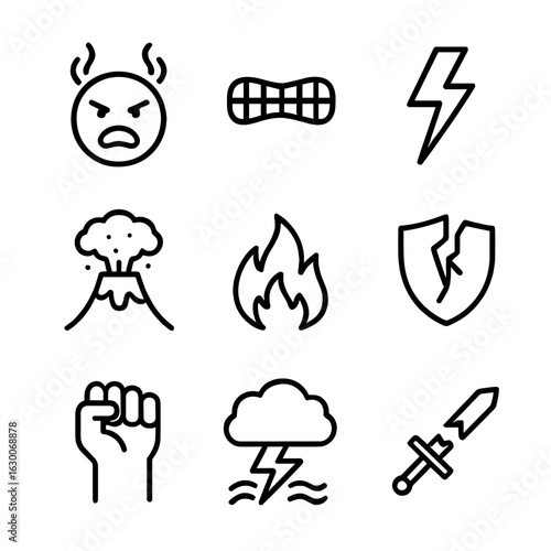 Intense Emotion Icons. Outline icon set of intense anger: steaming head, snarling mouth, lightning bolt, volcanic ash, raging fire
