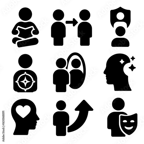Moral Growth Icons. Solid, filled icons set of stages of moral growth: child learning icon, peer influence