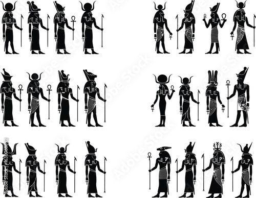 Ancient egyptian hieroglyphs depicting gods and goddesses in traditional attire with scepters and ankh symbols