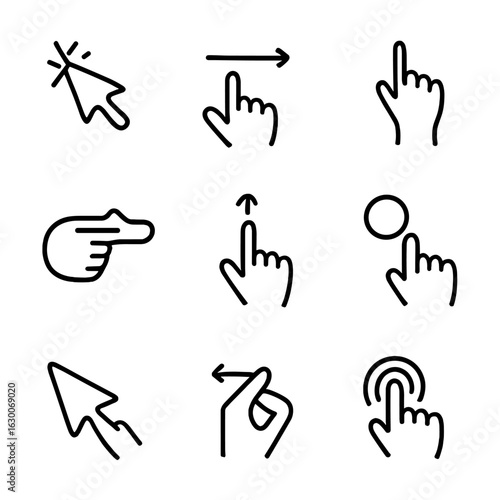 Interface Action Icons. Outline icon set of interface actions: click, drag, drop, swipe, scroll, zoom, hover, pinch, tap. Line