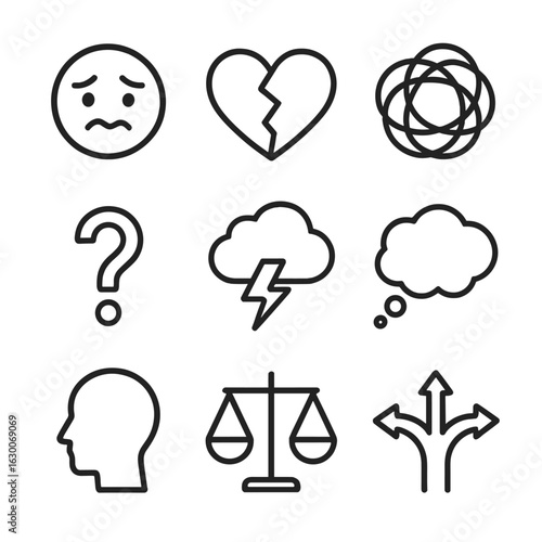 Internal Conflict Icons. Outline icon set of internal conflict: conflicted face, broken heart, tangled lines, question mark, storm