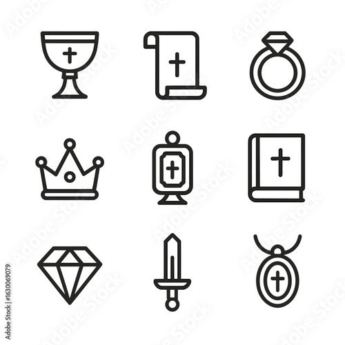 Divine Artifacts Icons. Outline icon set of divine artifacts: chalice, divine scroll, blessed ring, sacred crown, divine relic,