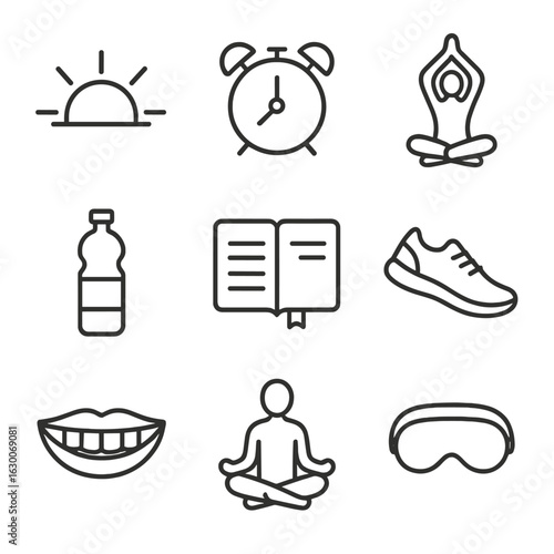 Morning Routine Icons. Outline icon set of breakfast habits: morning sun, alarm clock, yoga pose, water bottle