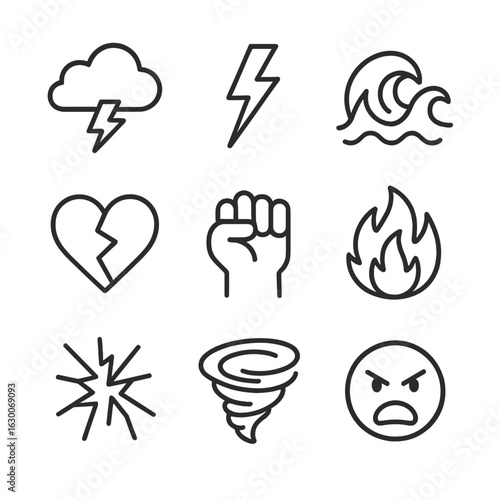 Icons of Turbulence. Outline icon set of turbulent emotions: storm cloud, thunderbolt, crashing waves, broken heart, clenched fist