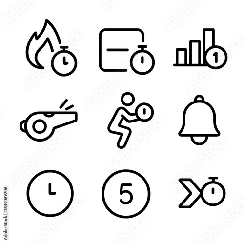 Interval Training Icons. Outline icon set of interval training timer: high-intensity icon, rest period icon, interval bar chart,