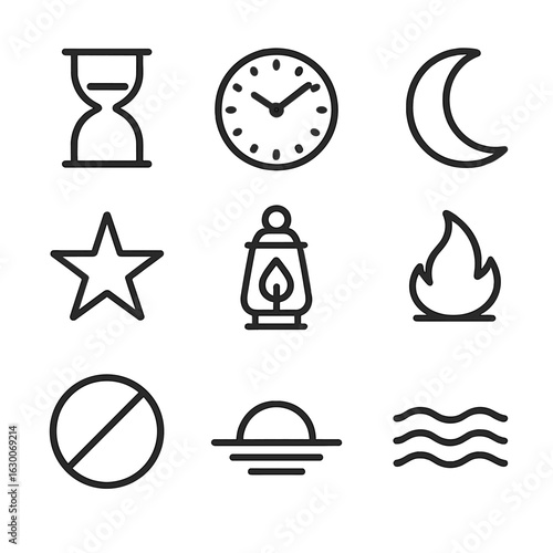 Twilight Symbol Icons. Outline icon set of twilight symbols: hourglass, clock, crescent, star, lantern, fire, shadow, horizon,