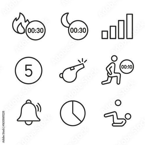 Interval Training Icons. Outline icon set of interval training timer: high-intensity icon, rest period icon, interval bar chart,