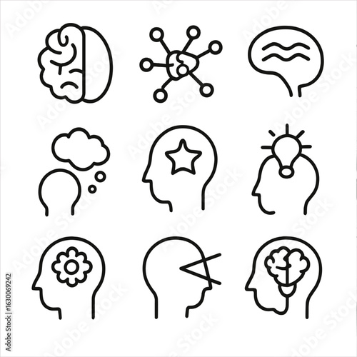 Intuitive Brain Icons. Outline icon set of intuitive brain functions: right brain, neural network, brain waves, thought cloud,