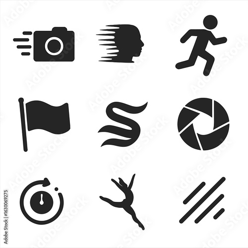 Motion Photography Icons. Solid, filled icons set of capturing motion in photography: panning camera, blurred