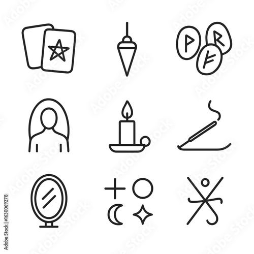Intuitive Tools Icons. Outline icon set of intuitive tools: tarot cards, pendulum, runes, aura, candle flame, incense, mirror,