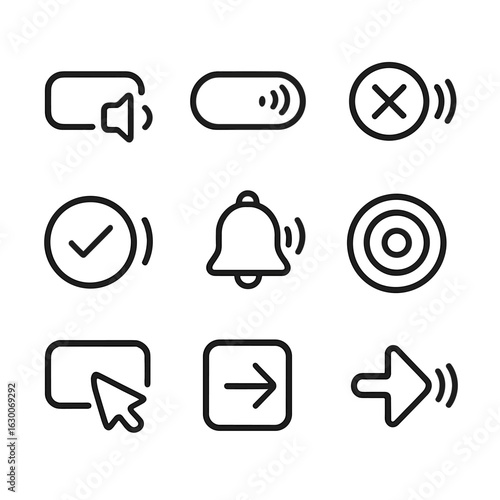 UI Sound Icon Set. Outline icon set of UI sound feedback: button click sound icon, toggle switch sound wave, error tone badge,