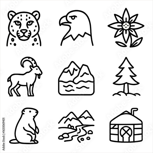 Mountain Biodiversity Icons. Outline icon set of mountain biodiversity: snow leopard, eagle, alpine flower,