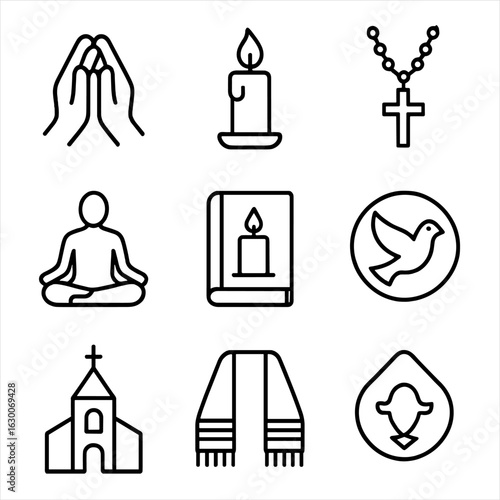 Mourning Rituals Icon Set. Outline icon set of Mourning and religious rituals: clasped hands, burning candle,