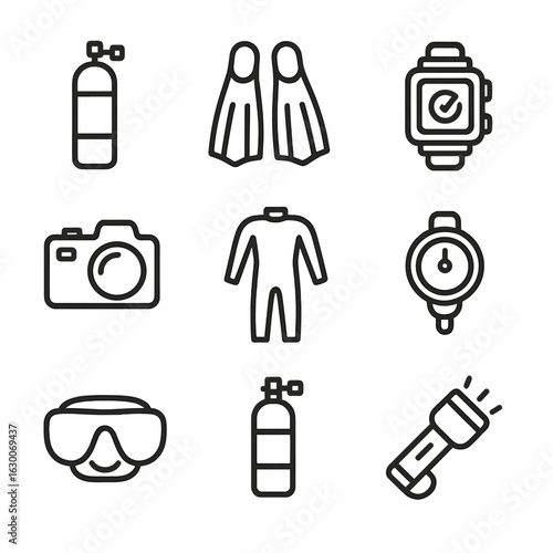 Diving Gear Icon Set. Outline icon set of diving depth: scuba tank, flippers, dive computer, underwater camera, wetsuit, depth