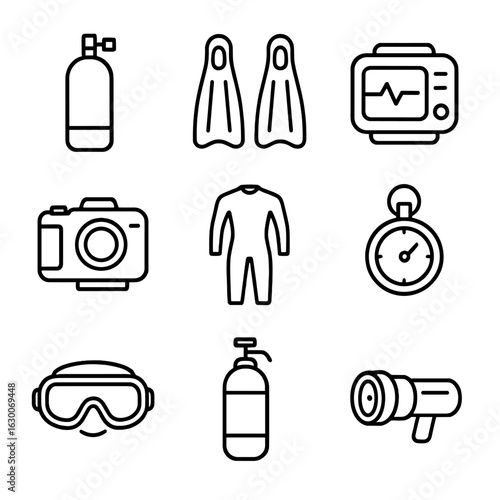 Diving Gear Icon Set. Outline icon set of diving depth: scuba tank, flippers, dive computer, underwater camera, wetsuit, depth