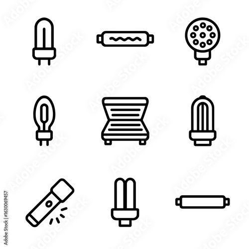 Ultraviolet Light Icons. Outline icon set of ultraviolet light sources: UV lamp, black light, LED UV light, mercury vapor lamp,
