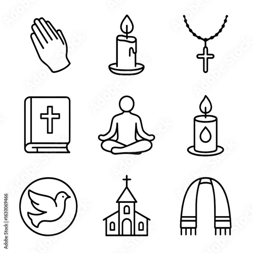 Mourning Rituals Icon Set. Outline icon set of Mourning and religious rituals: clasped hands, burning candle,