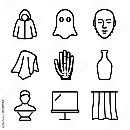 Invisibility Icon Set. Outline icon set of invisible and see-through: invisibility cloak, ghost silhouette, transparent mask,