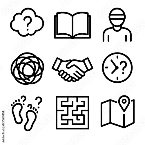 Uncertainty Icon Set. Outline icon set of uncertainty in life: question cloud, open book, blindfolded figure, tangled thread,