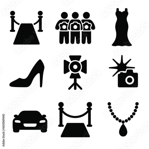 Movie Star Icons. Solid, filled icons set of movie star on the red carpet: red carpet, photographers,