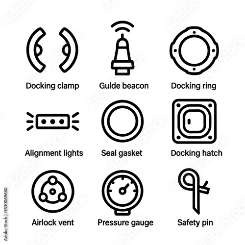 Docking Icons Grid. Outline icon set of docking operations: docking clamp, guide beacon, docking ring, alignment lights, seal
