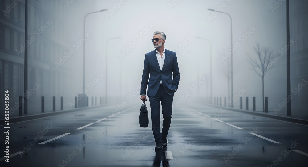 Obraz premium Successful businessman confidently walking through city street in suit with briefcase in foggy weather