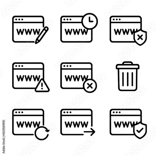 Domain Lifecycle Icons. Outline icon set of domain lifecycle: registration, expiration, grace period, redemption period, deletion,