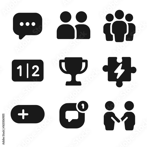 Multiplayer Puzzle Icons. Solid, filled icons set of multiplayer puzzle games: chat bubble, player avatars,