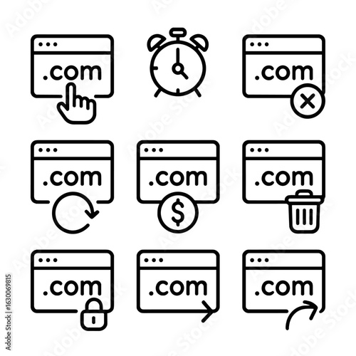 Domain Lifecycle Icons. Outline icon set of domain lifecycle: registration, expiration, grace period, redemption period, deletion,