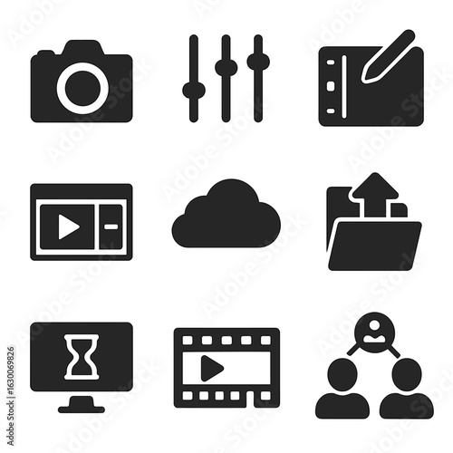 Multimedia Icon Grid. Solid, filled icons set of multimedia content creation: camera, audio mixer, graphic