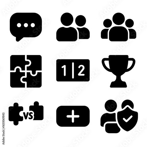 Multiplayer Puzzle Icons. Solid, filled icons set of multiplayer puzzle games: chat bubble, player avatars,