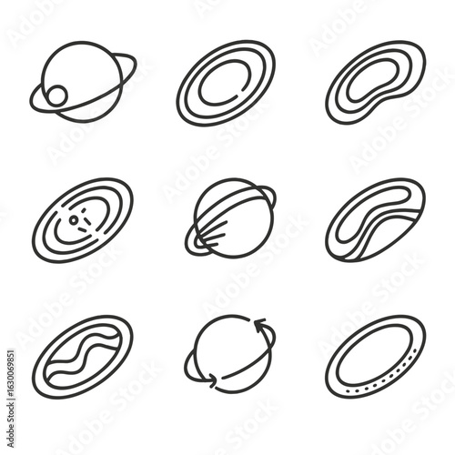 Uranus Ring Dynamics Icons. Outline icon set of Uranus ring dynamics: shepherd moon interaction, resonance gap, ring wave pattern,