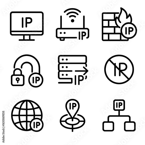 IP Address Icon Set. Outline icon set of IP address usage: device IP, network router, firewall rule, VPN tunnel, proxy server, IP