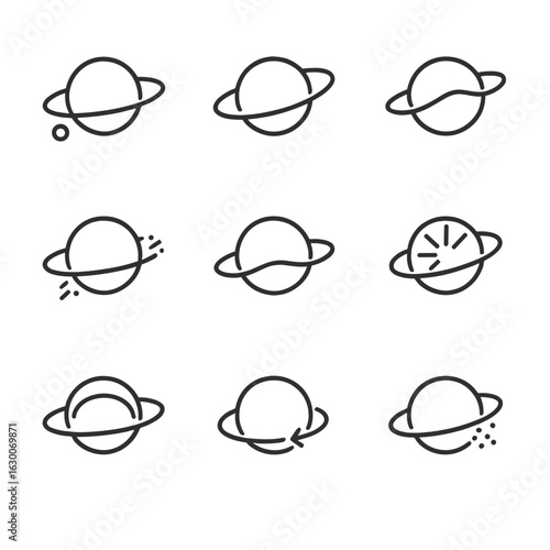 Uranus Ring Dynamics Icons. Outline icon set of Uranus ring dynamics: shepherd moon interaction, resonance gap, ring wave pattern,