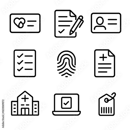 Donor Registration Icons. Outline icon set of donor registration and consent: donor card, signed consent form, ID card, checklist,