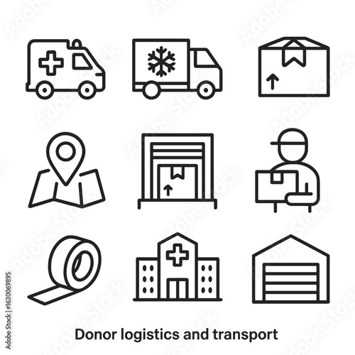 Donor Transport Icons. Outline icon set of donor logistics and transport: ambulance, refrigerated truck, delivery box, GPS,