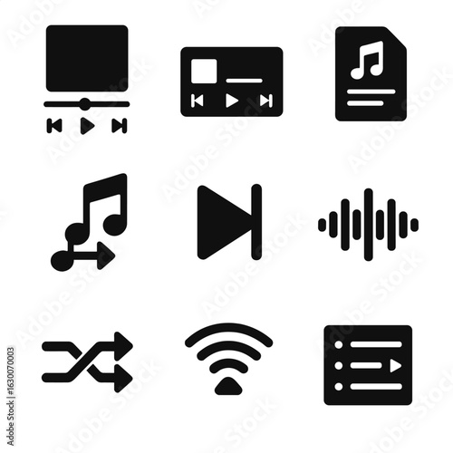 Music App Icon Set. Solid, filled icons set of music app user interface: now playing screen, mini player,