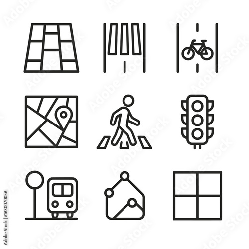 Urban Path Icons. Outline icon set of urban and street paths: sidewalk, crosswalk, bike lane, street map, pedestrian crossing,