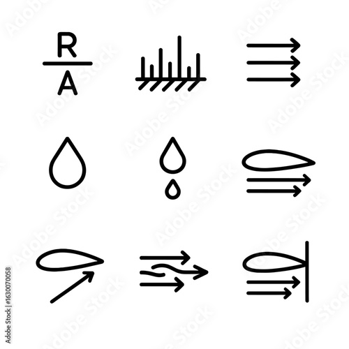 Drag Coefficient Icons. Outline icon set of drag coefficient factors: Reynolds number, surface roughness, flow velocity, fluid