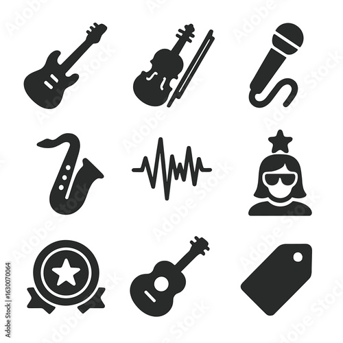 Music Genre Icons. Solid, filled icons set of genre-based music icons: rock guitar, classical violin, hip-hop