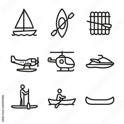 Island Transport Icons. Outline icon set of island transportation: sailboat, kayak, raft, seaplane, helicopter, jet ski,