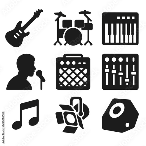 Music Performance Icons. Solid, filled icons set of artist performance online: electric guitar, drum set,