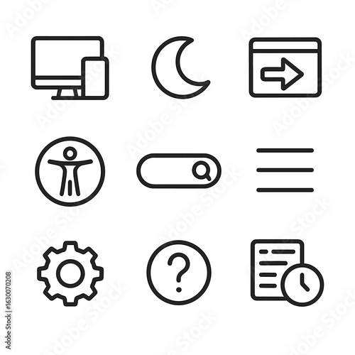 User Interface Icons. Outline icon set of platform user experience: responsive design, dark mode, onboarding tutorial,