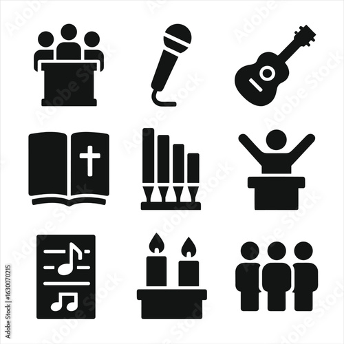 Music Worship Icons. Solid, filled icons set of Music in worship services: choir stand, microphone, guitar,