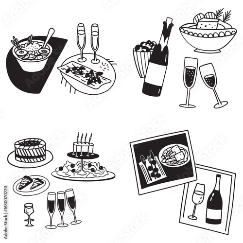 Hand-drawn ink line food and wine or champagne drawings.vector