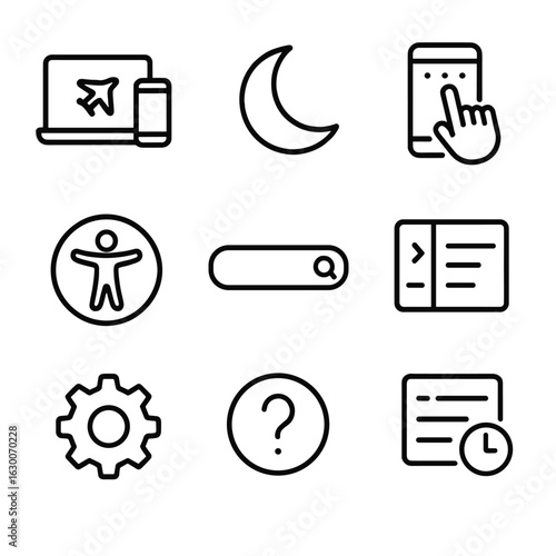 User Interface Icons. Outline icon set of platform user experience: responsive design, dark mode, onboarding tutorial,