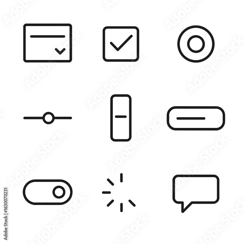 User Interface Icons. Outline icon set of user interface interactions: dropdown menu, checkbox, radio button, slider, scrollbar,