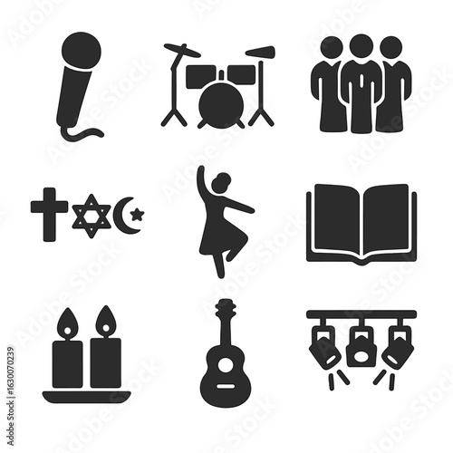 Musical Faith Icons. Solid, filled icons set of Musical expressions of faith: microphone, drum set, choir,